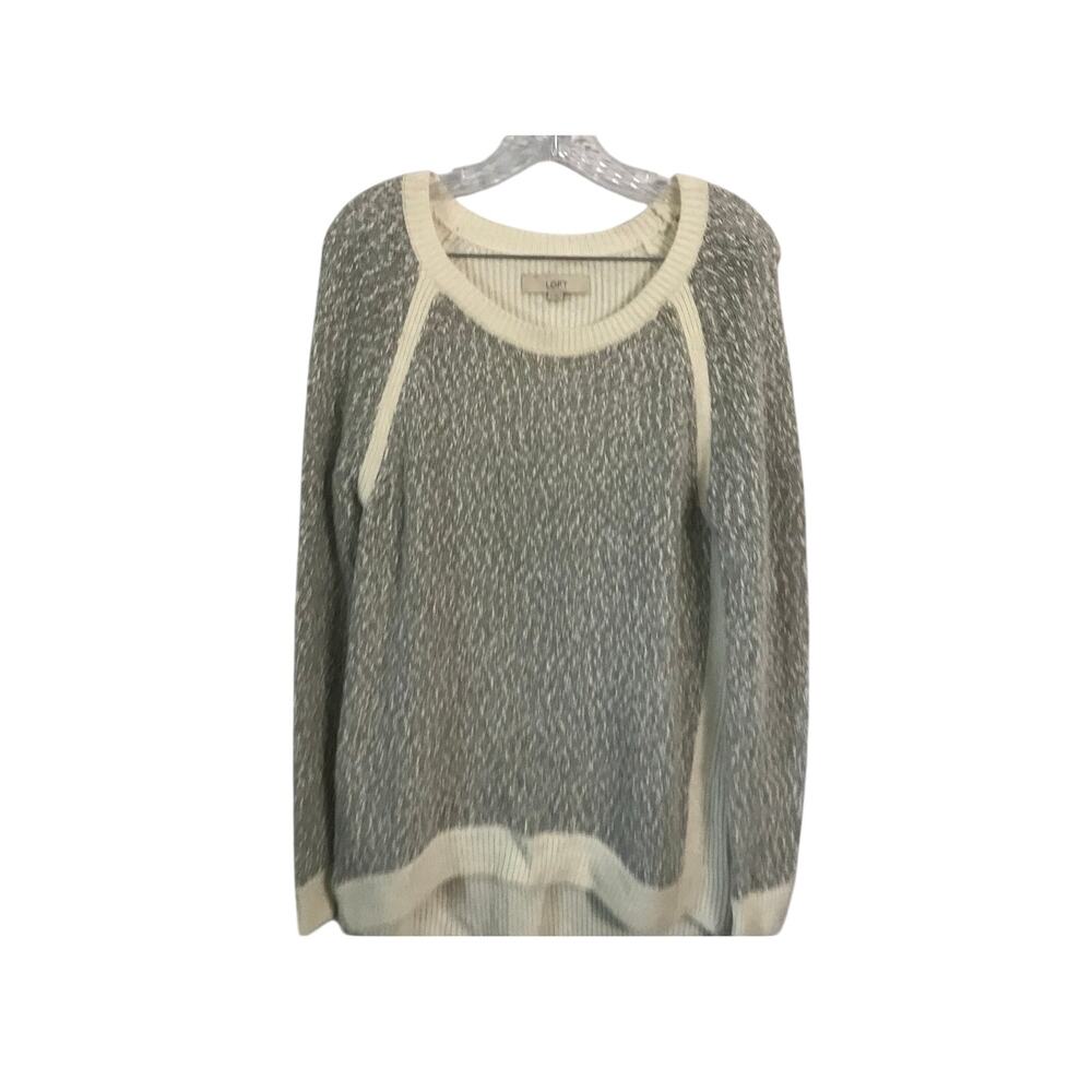 LOFT Sweater Size Large Gray and Cream Textured Knit Raglan Pullover Soft Cozy